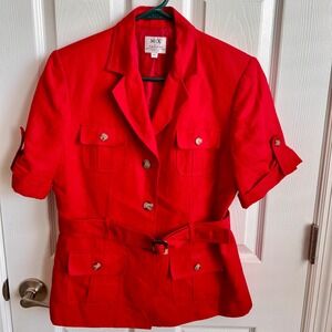 MIX by Tahari‎ Red Petite Short Sleeve Belted Blazer Jacket